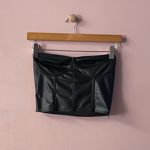 Zara Black Soft Faux Leather Bustier Crop Top Size S GUC - Picture 1 of 13